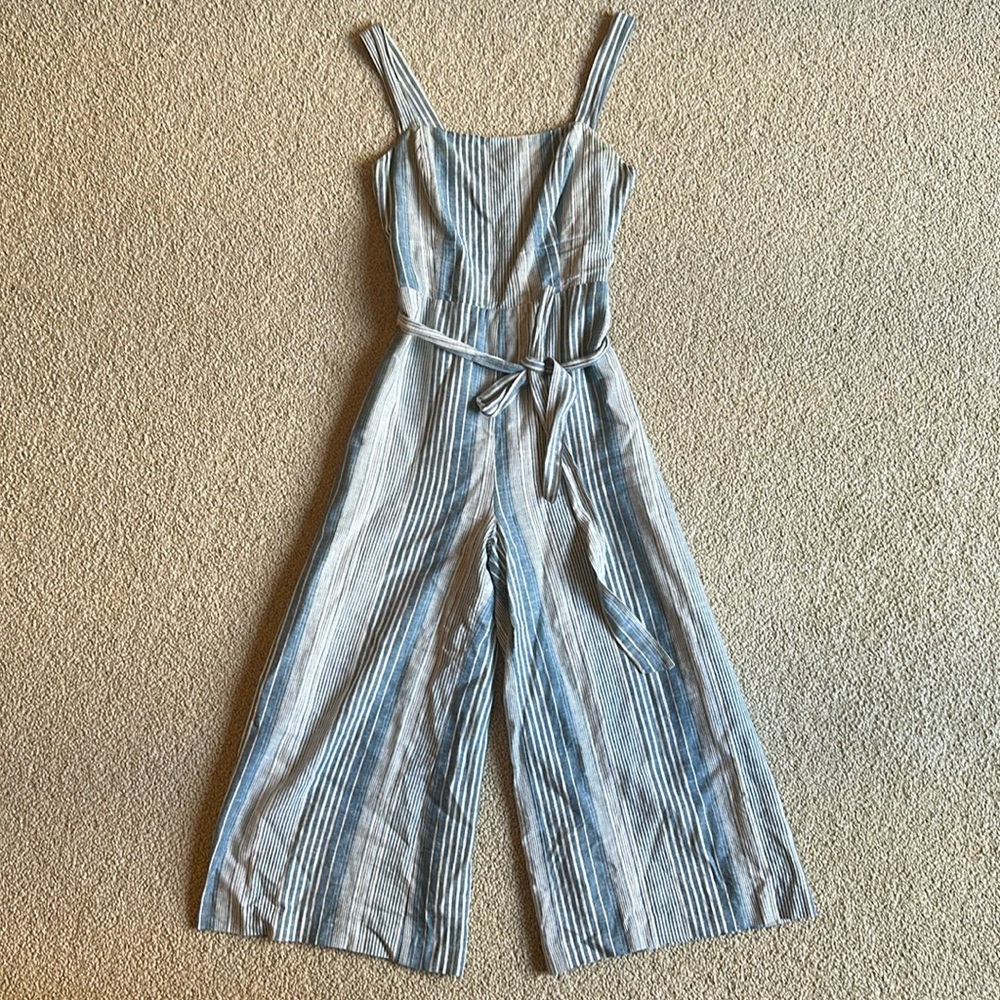 Lavender Brown Petit Women Linen Crop Jumpsuit Blue Stripes Size XS